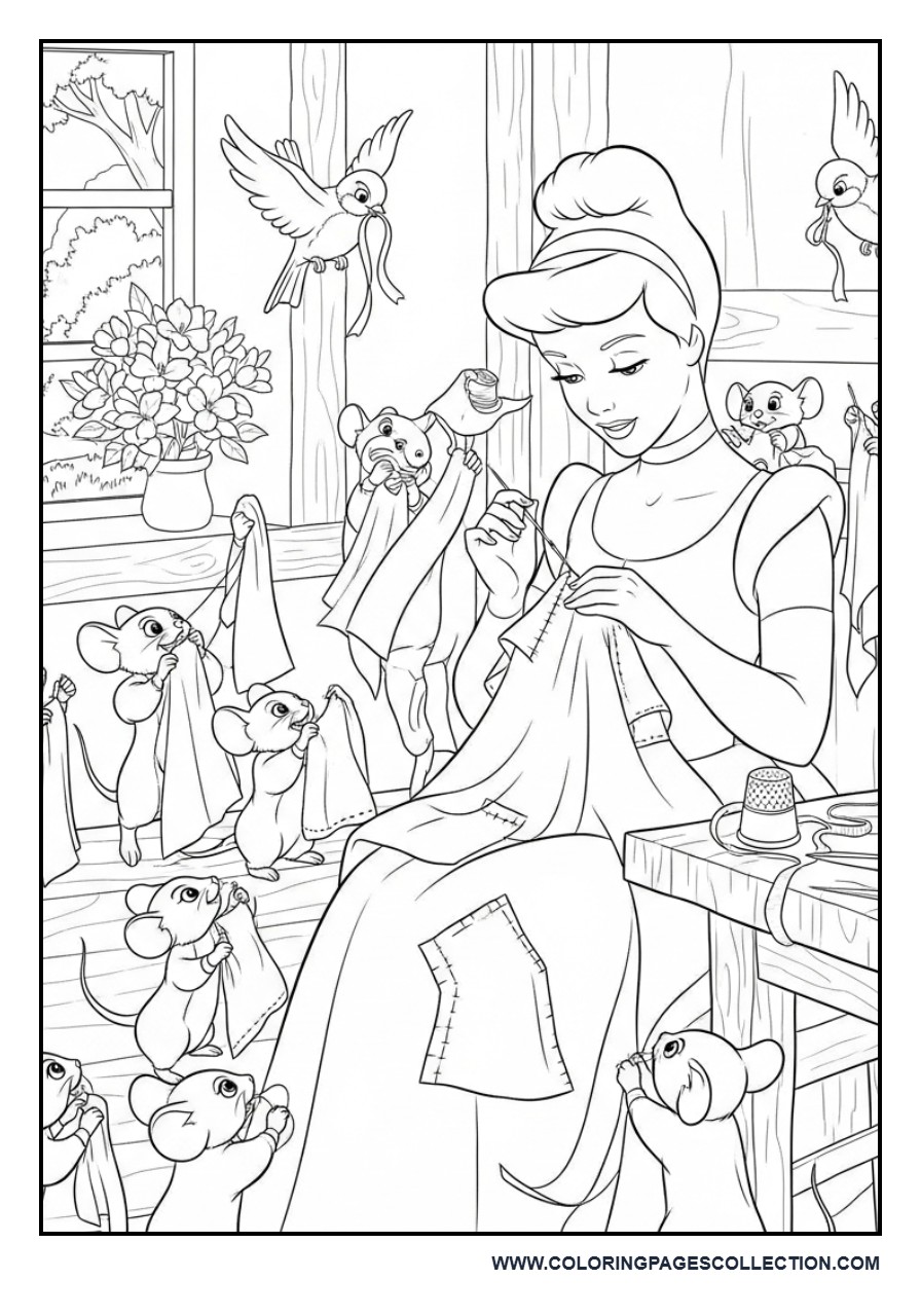 Cinderella and Animal Friends Sewing the Dress