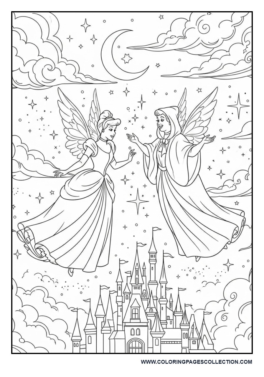 Cinderella and Fairy Godmother Flying Through the Sky
