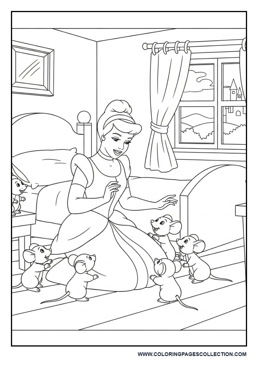 Cinderella and Mouse Friends in Bedroom