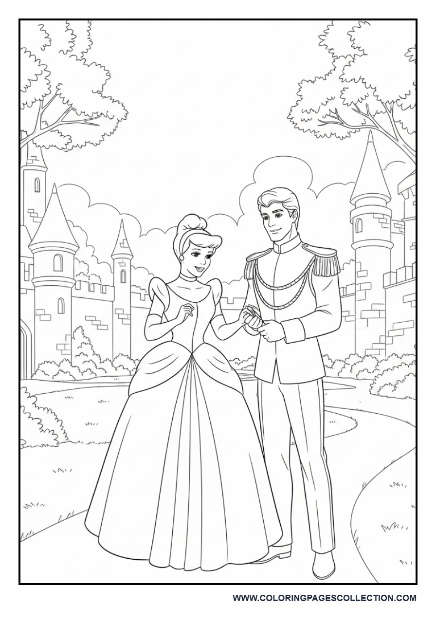 Cinderella and Prince in Castle Courtyard