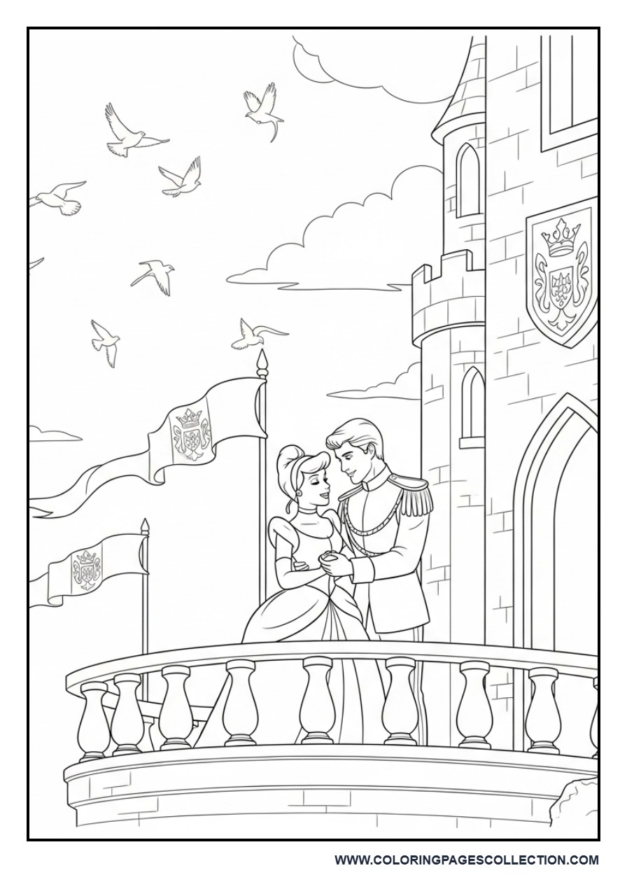 Cinderella and Prince on Castle Balcony