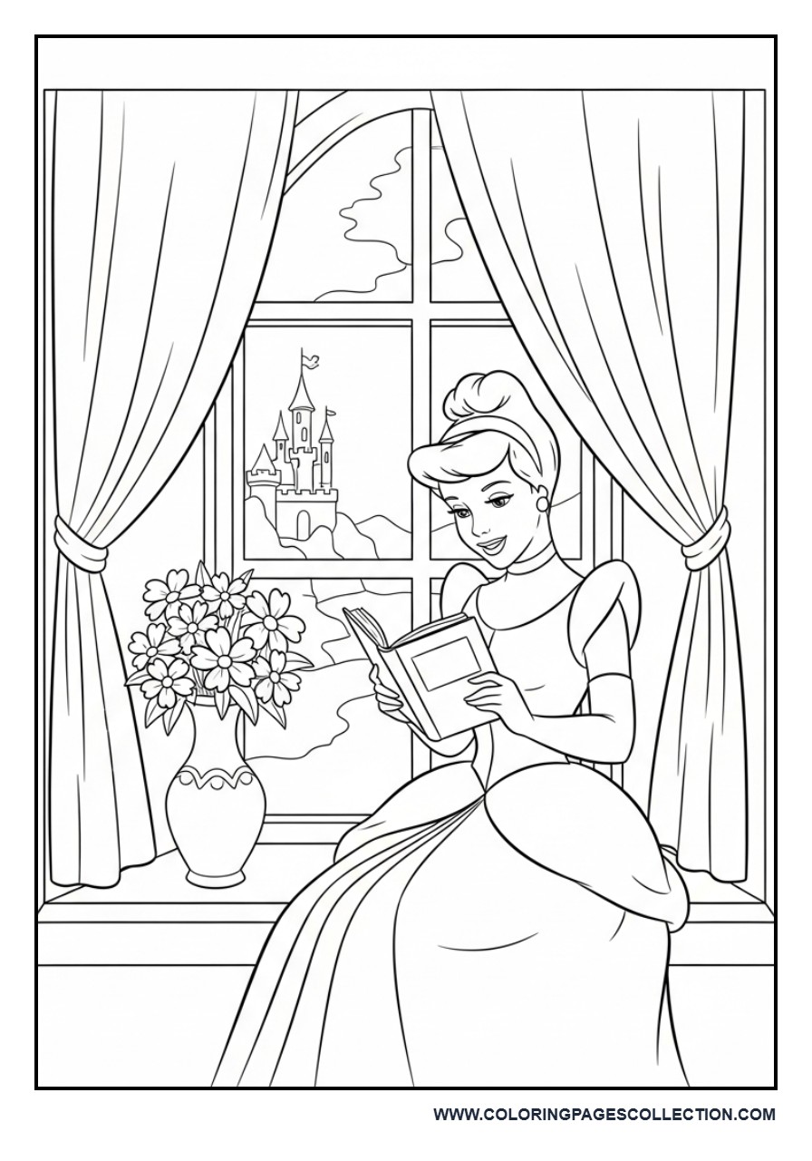 Cinderella Reading Near Castle Window