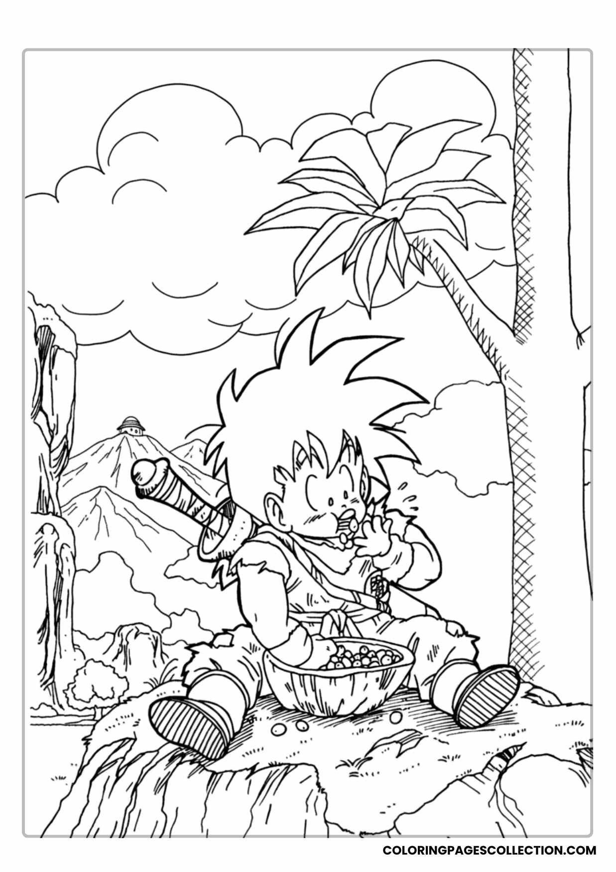 Goku Resting Under Palm Tree Coloring Sheet