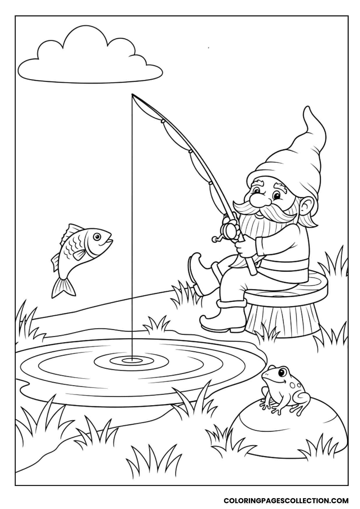 fishing gnome by pond coloring sheet