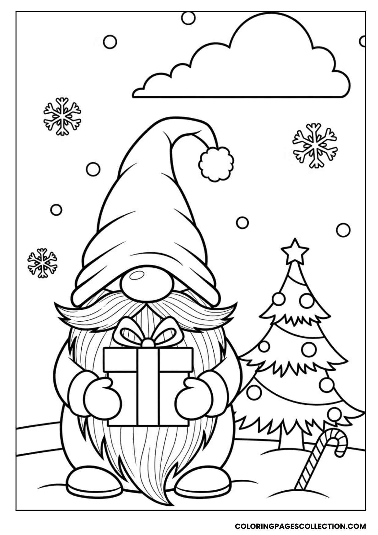 christmas gnome with gift coloring page