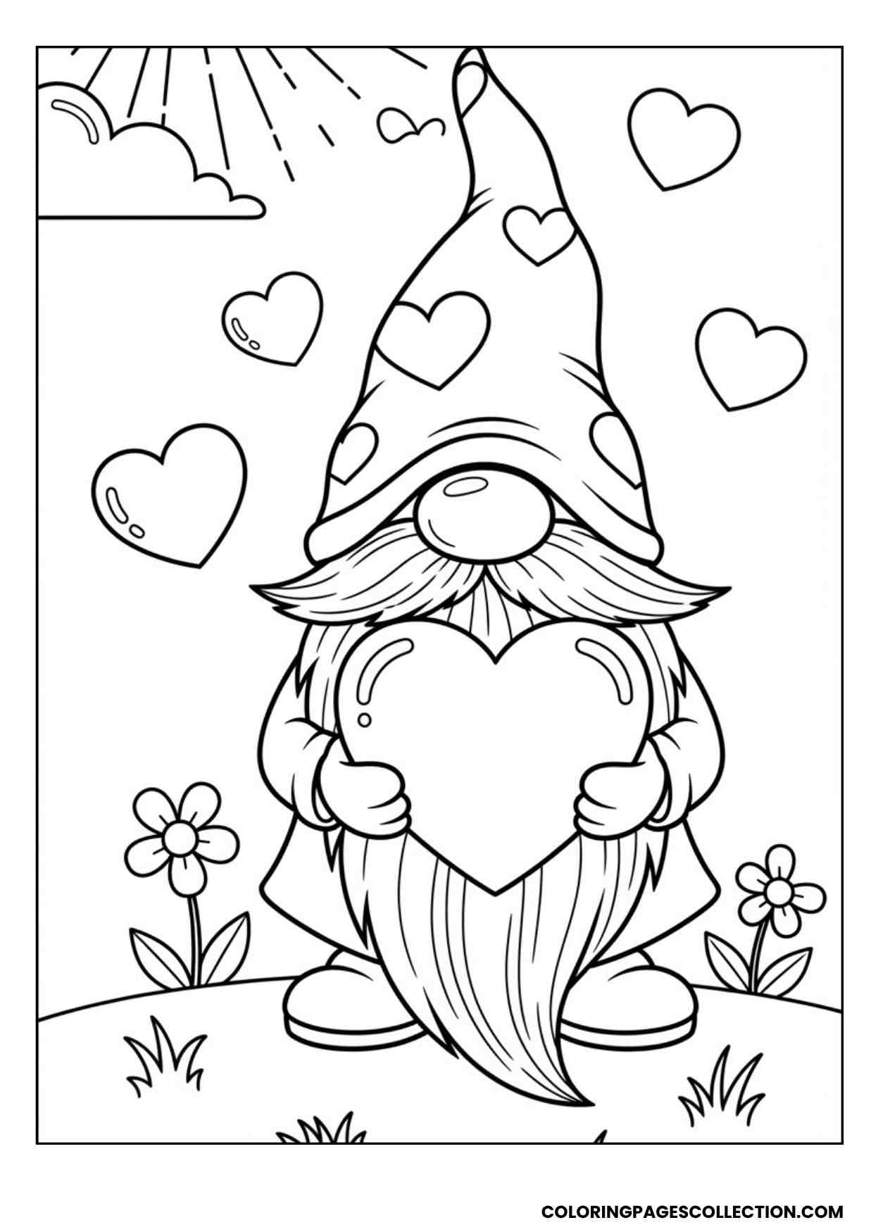 valentine gnome with heart coloring sheet