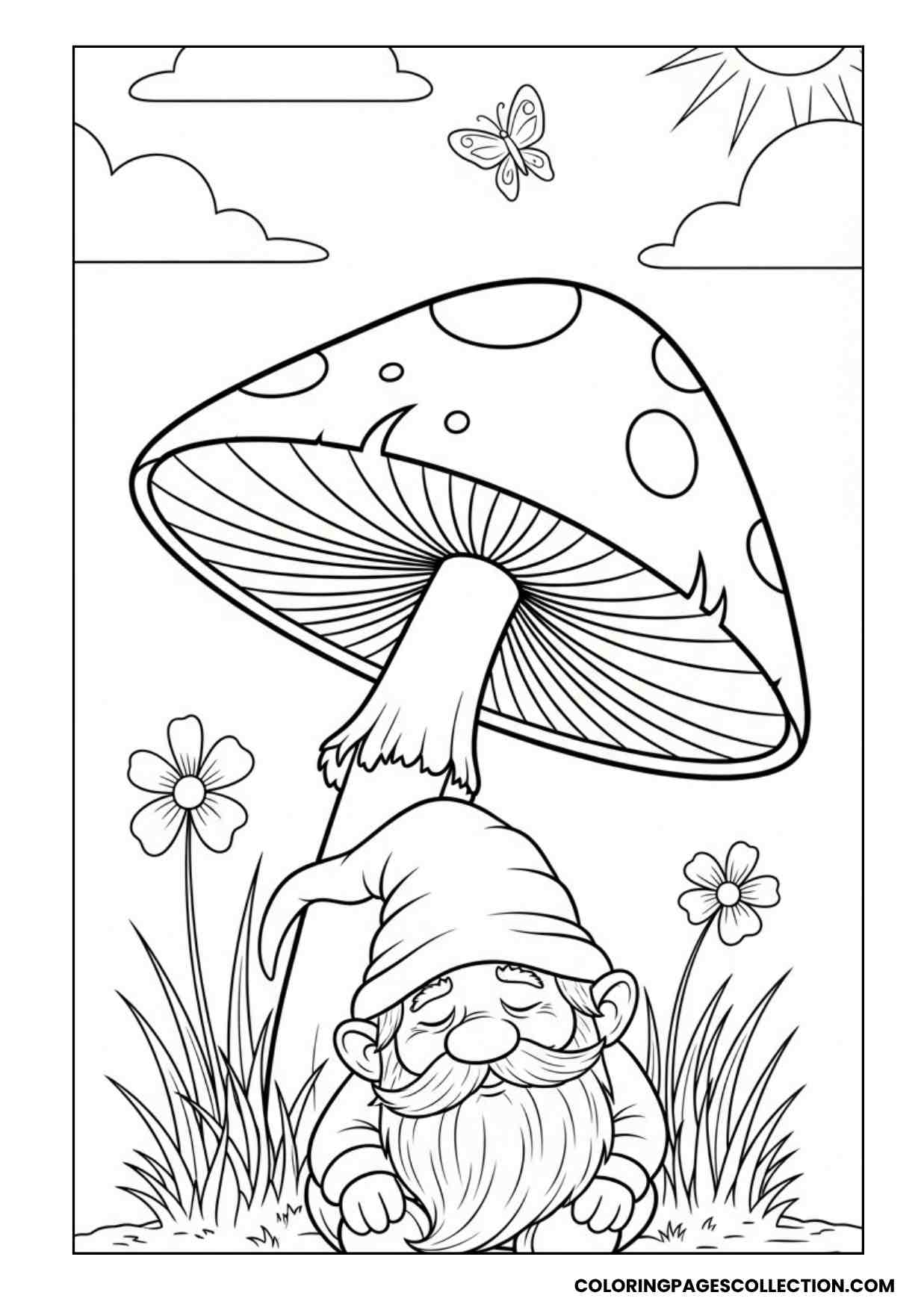 sleeping gnome under mushroom coloring page