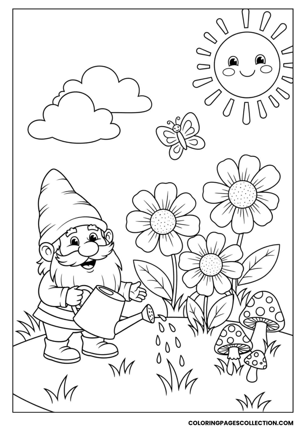 gnome watering flowers coloring sheet