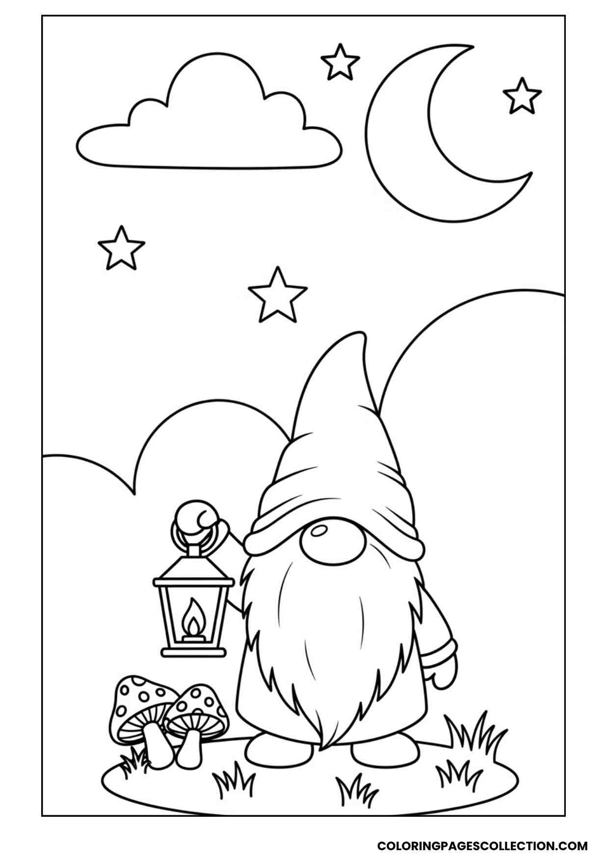lantern gnome night scene coloring sheet