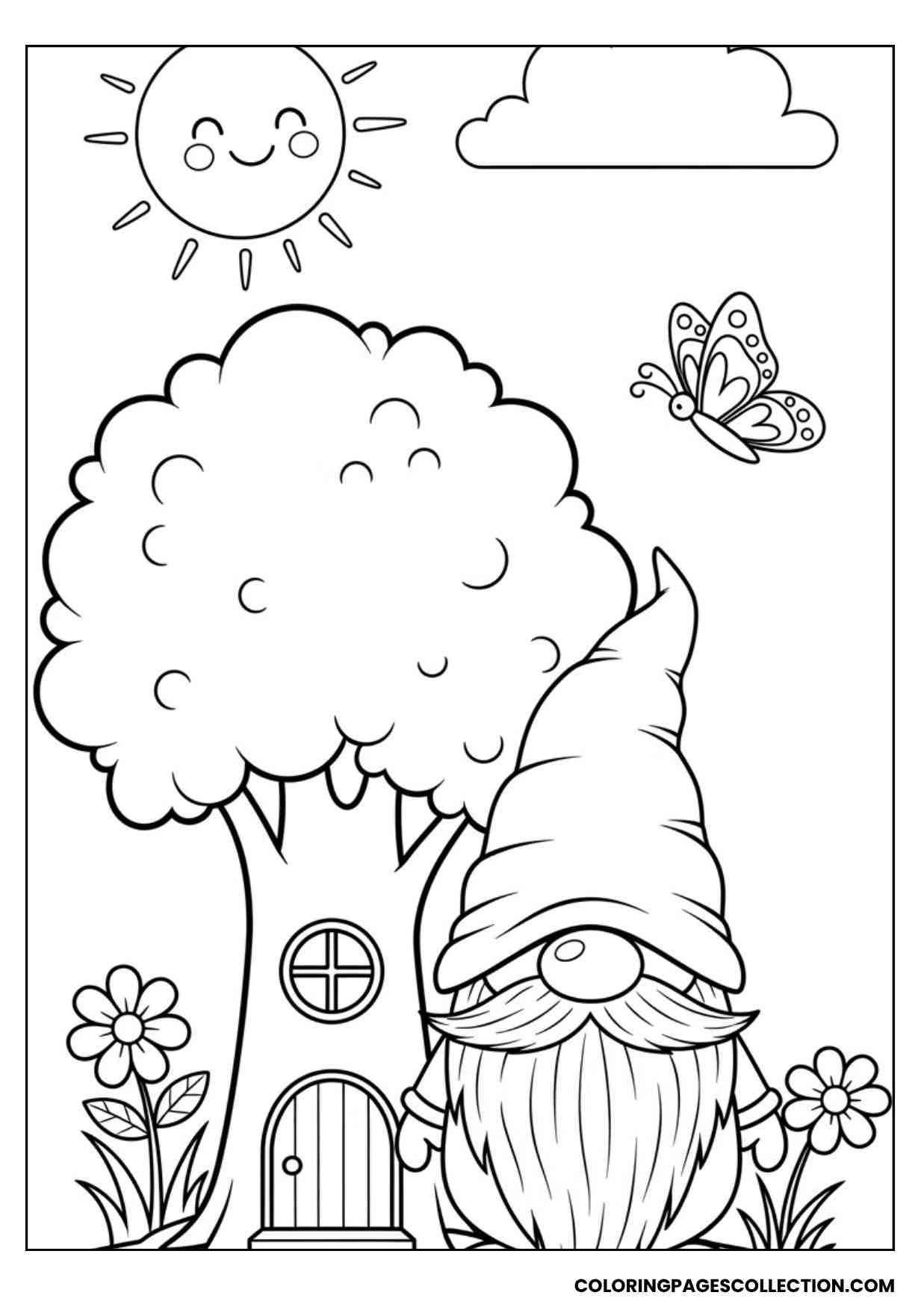 gnome by a tree house coloring page