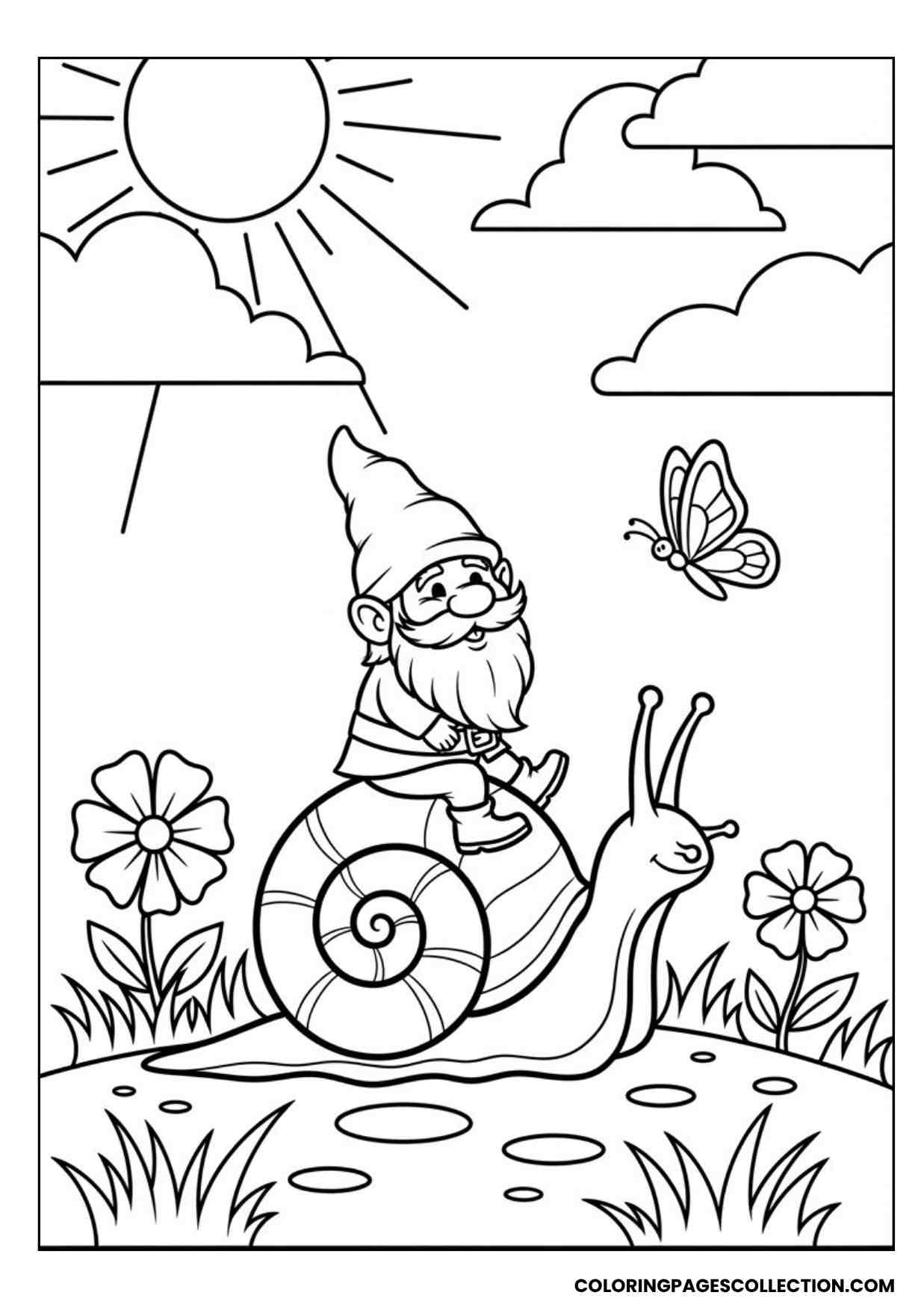 gnome riding a snail coloring page