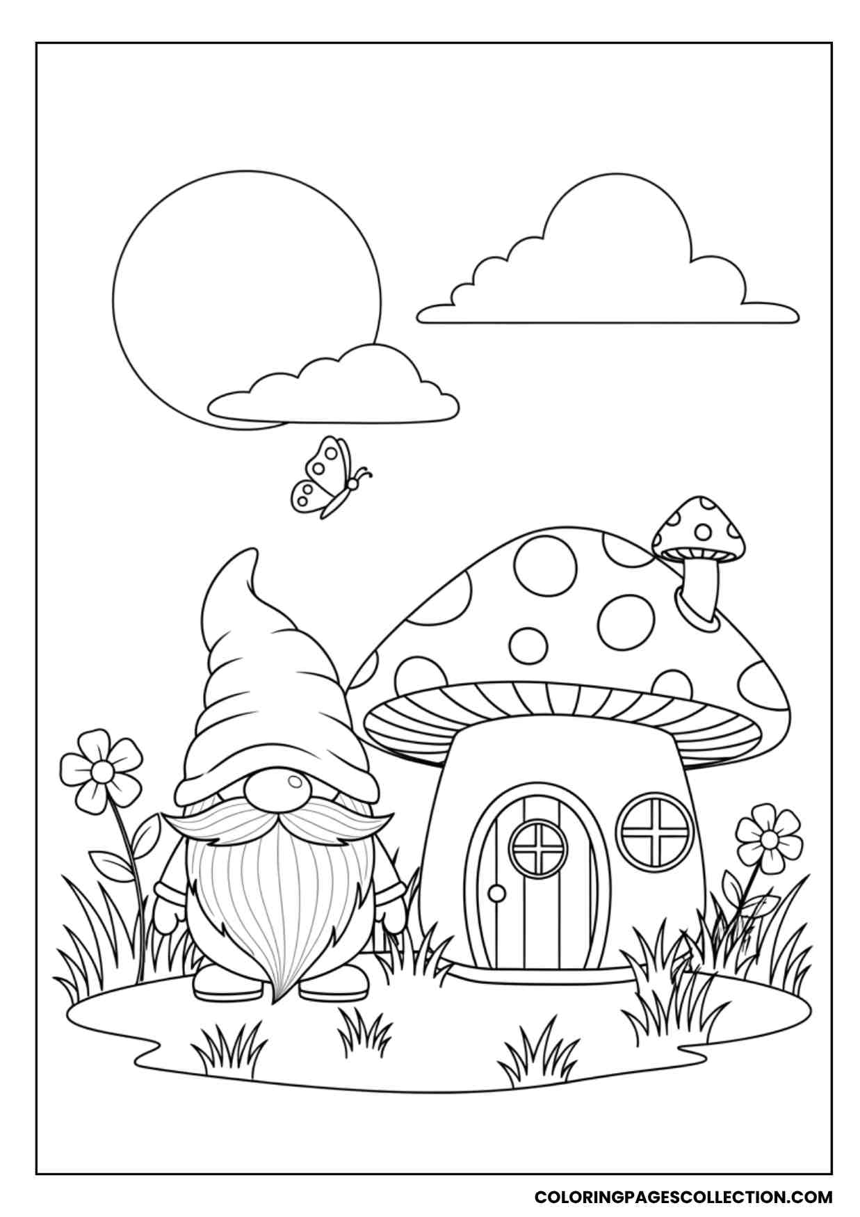 gnome with fairy mushroom house coloring sheet