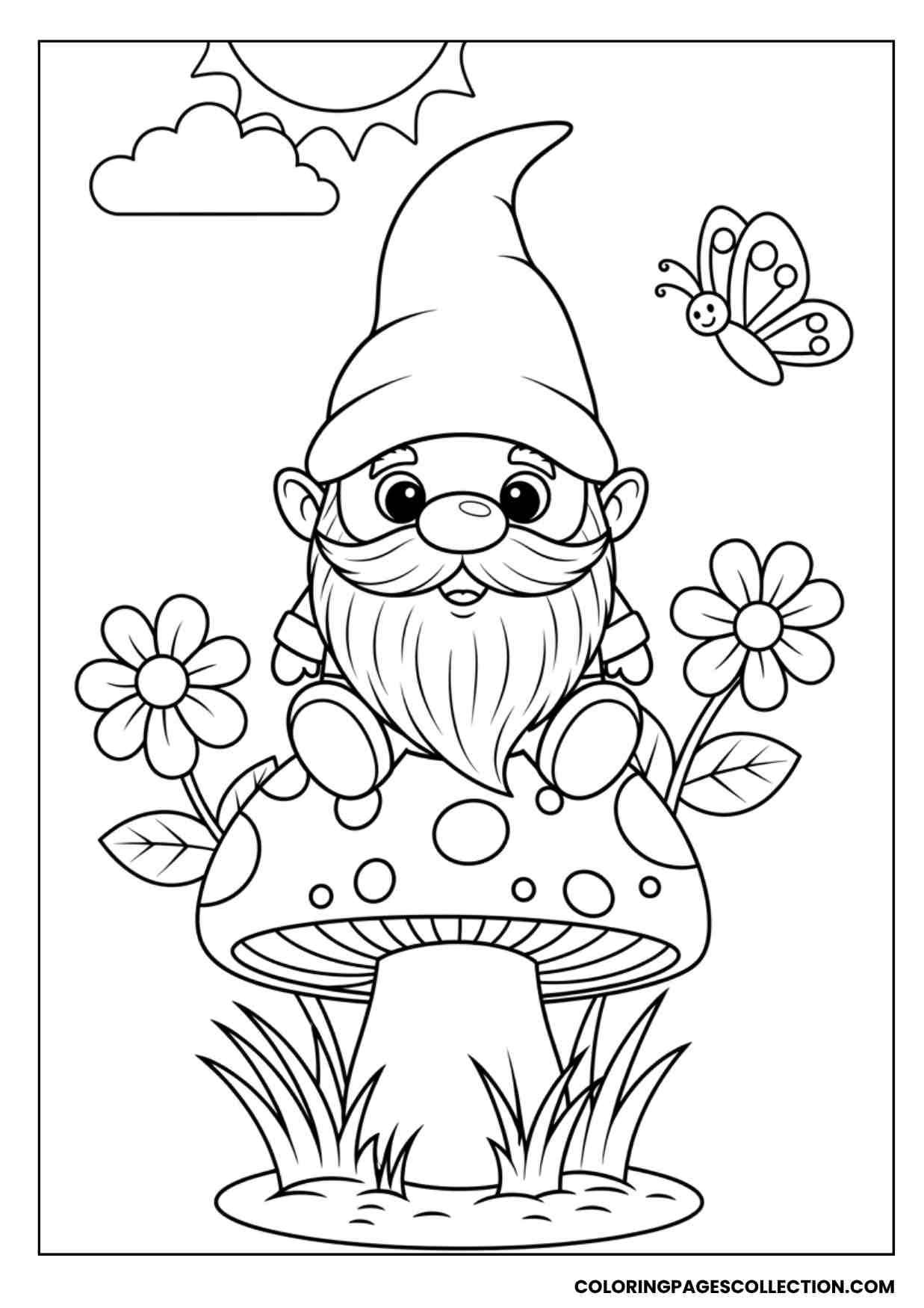 gnome sitting on a mushroom coloring page