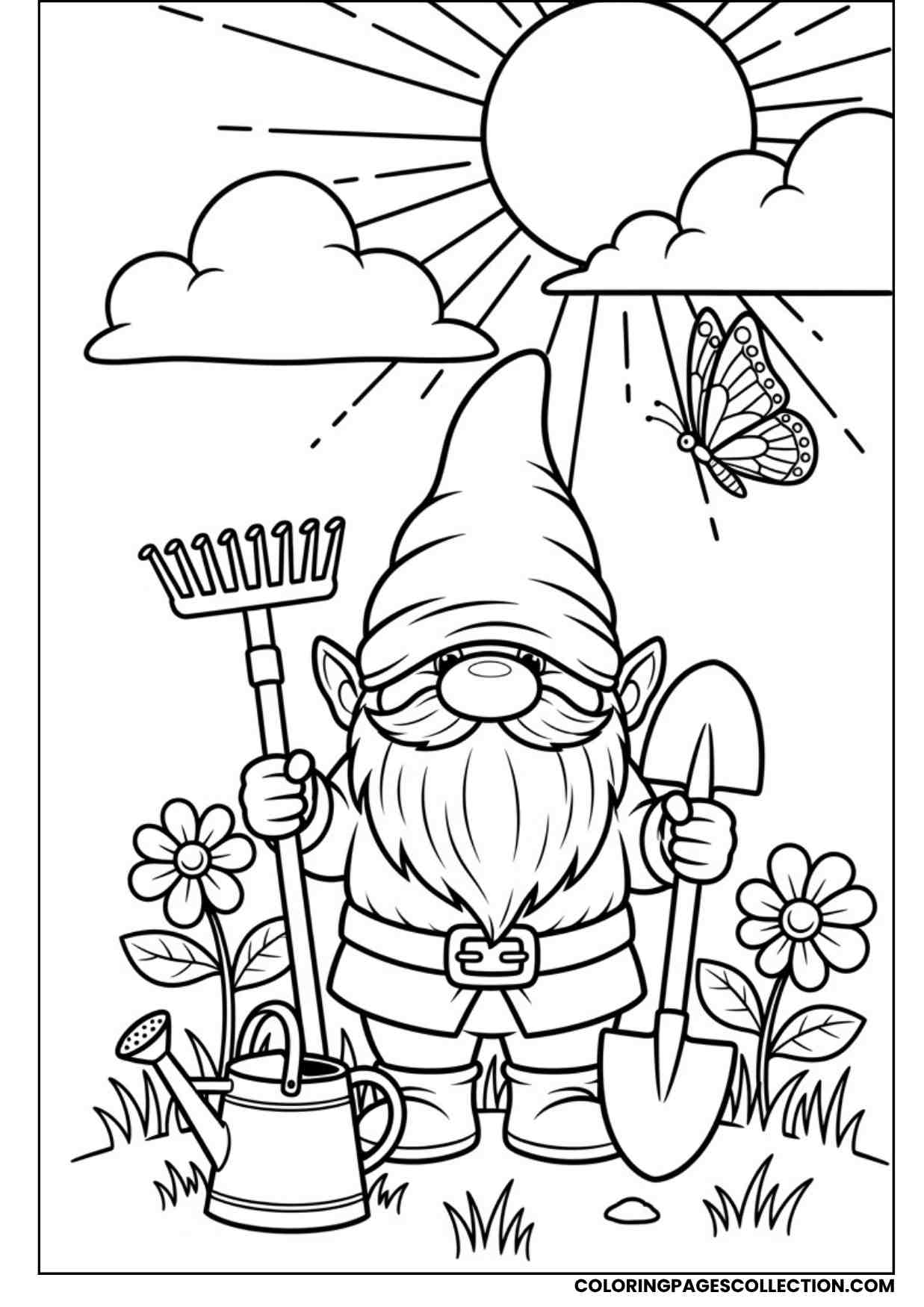 gnome with garden tools coloring sheet
