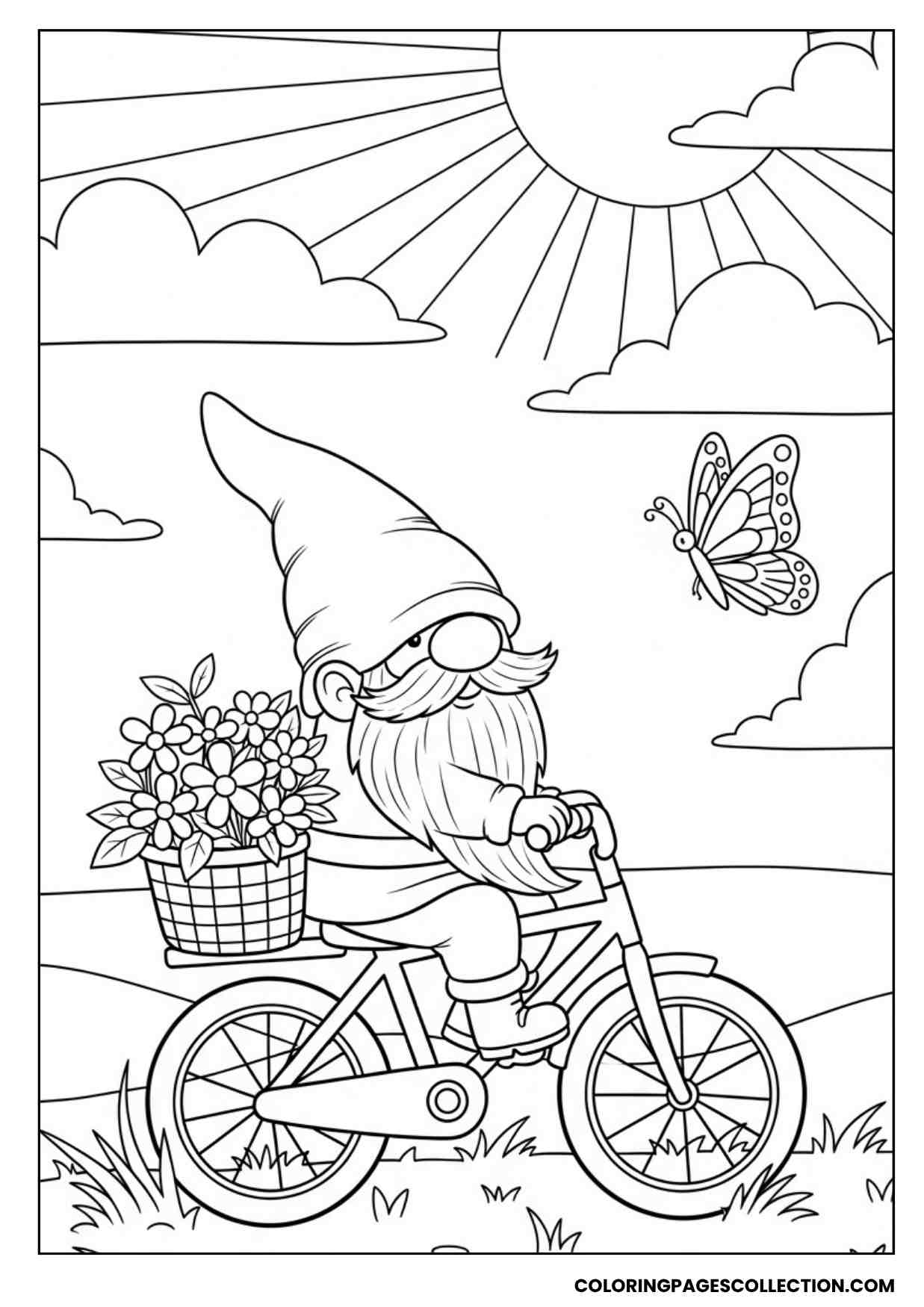 bicycle riding gnome coloring sheet