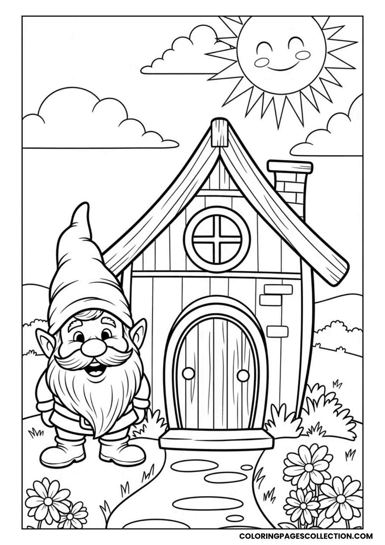 cozy cottage gnome coloring sheet
