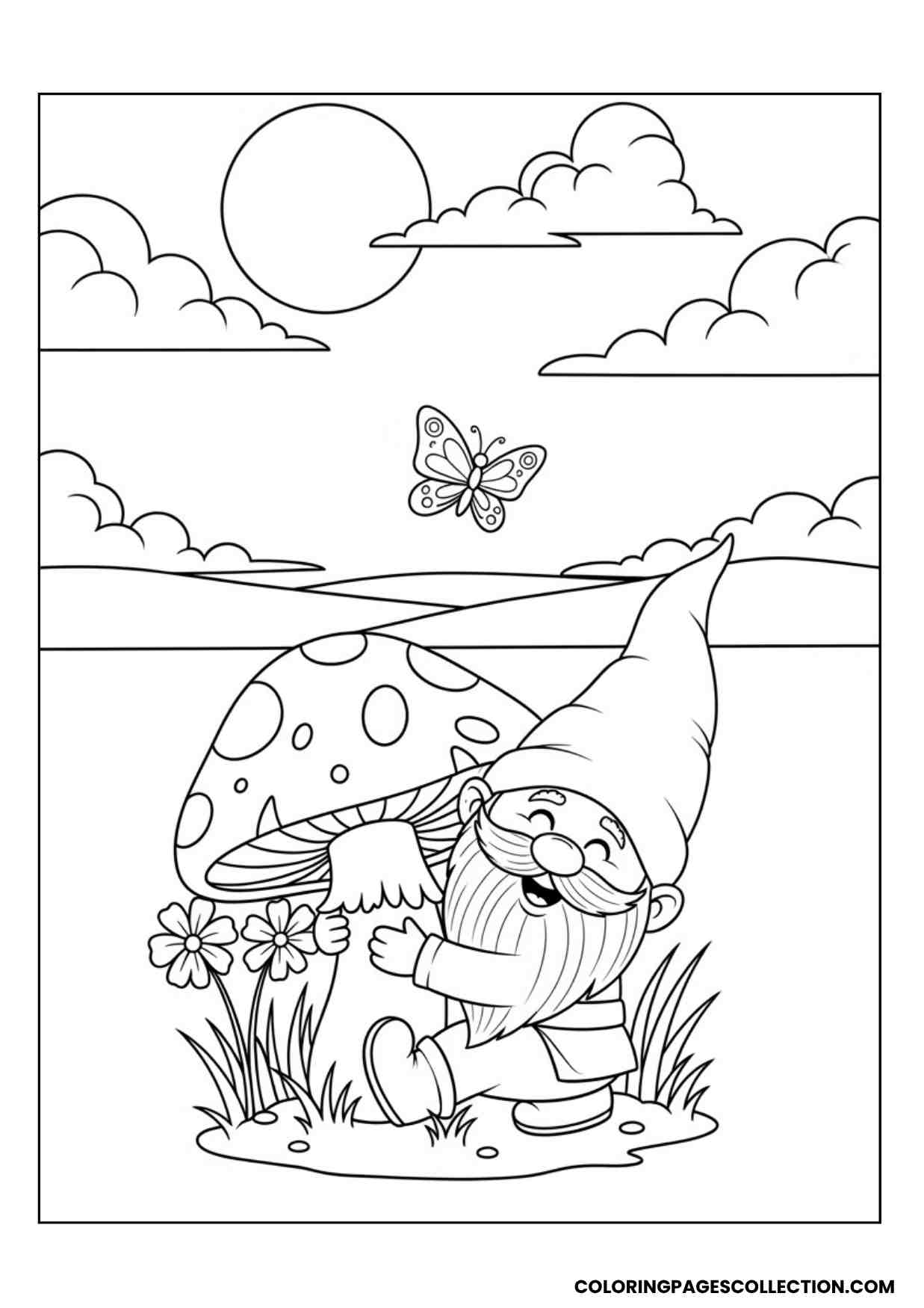 gnome hugging a mushroom coloring page