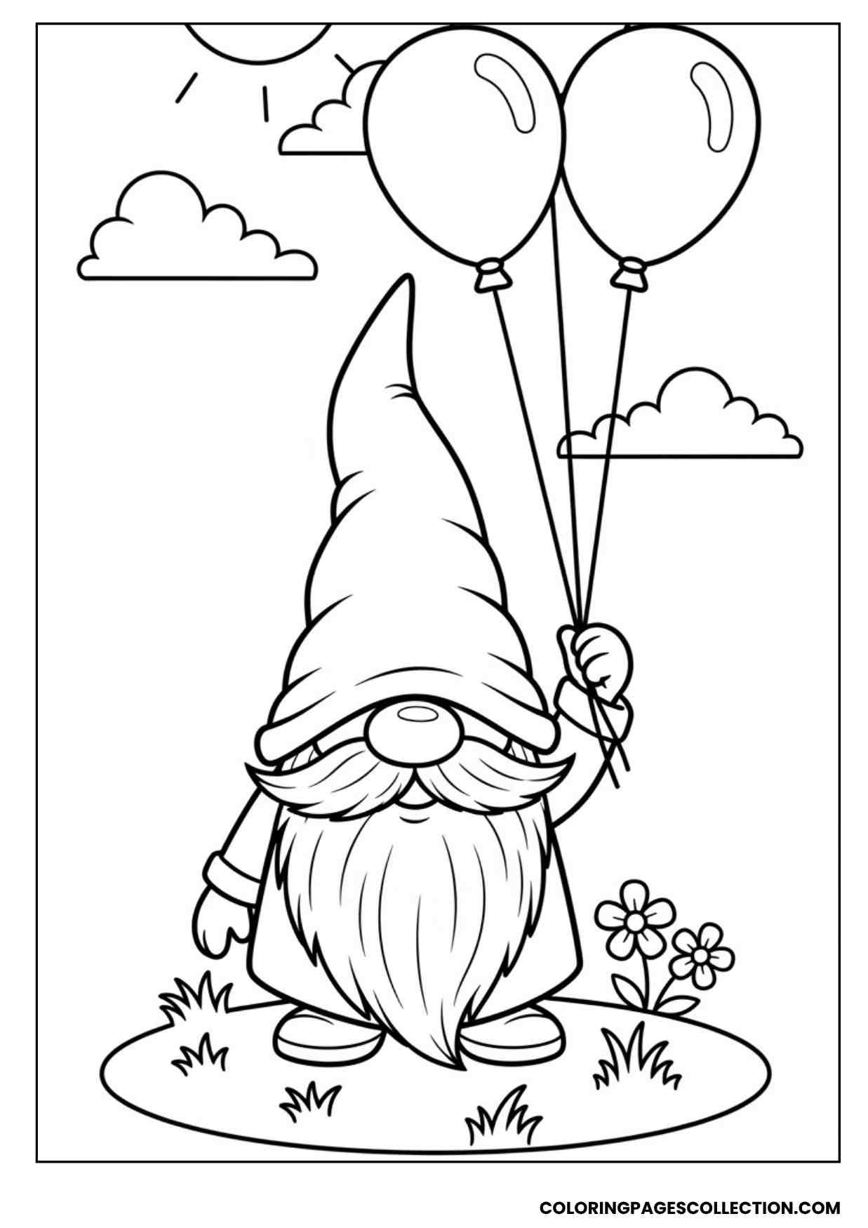 balloon flying gnome coloring sheet
