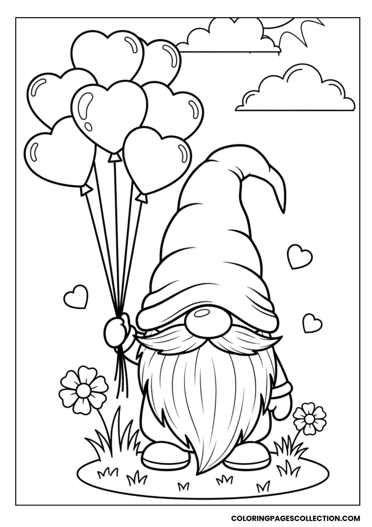 heart balloon gnome coloring page