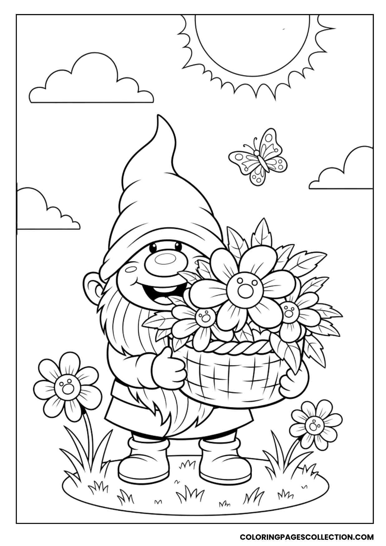 flower basket gnome coloring page