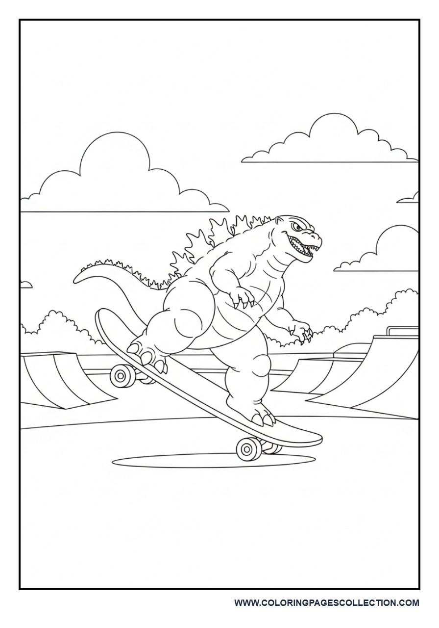 Godzilla Riding a Giant Skateboard