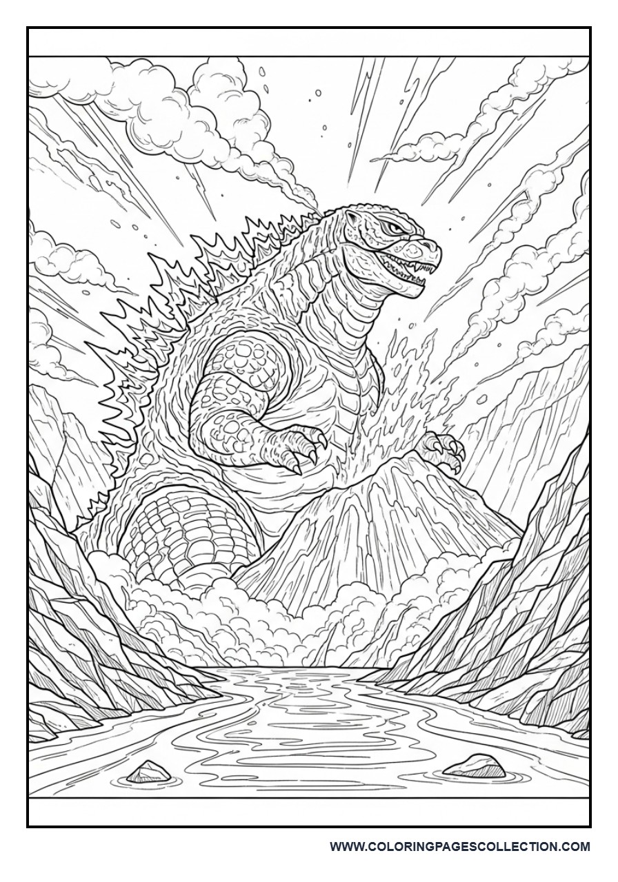 Godzilla Rising from a Volcano Crater