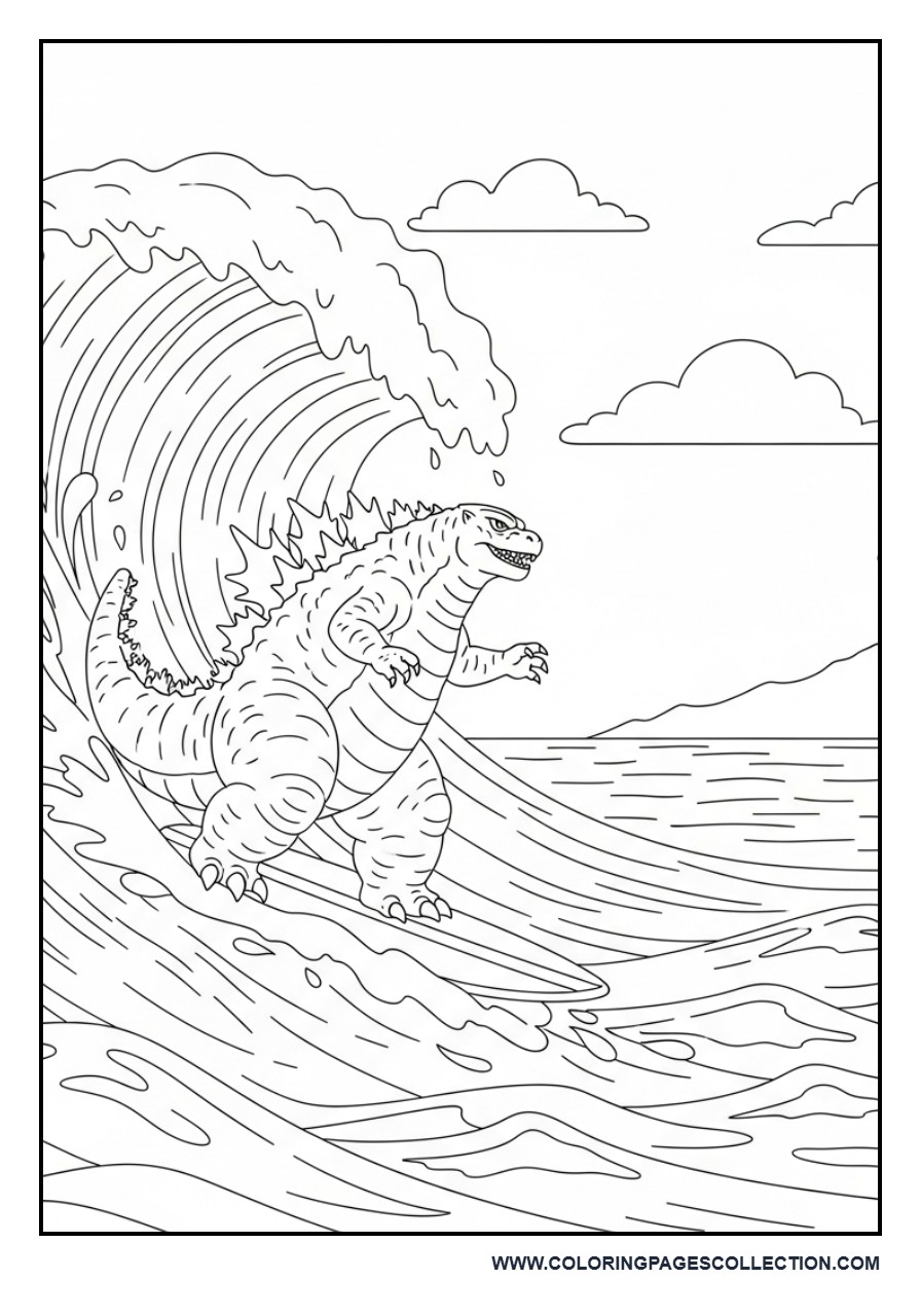 Godzilla Surfing a Giant Wave