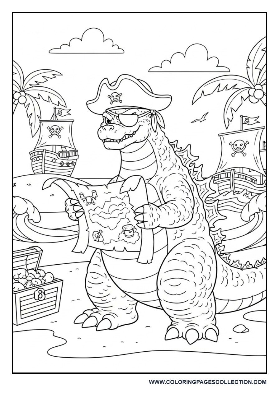 Pirate Godzilla Searching for Treasure