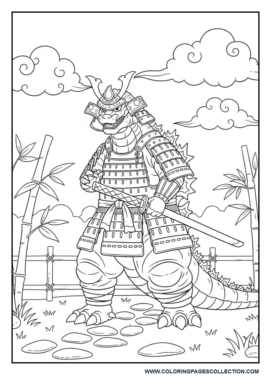 Samurai Godzilla in a Bamboo Garden