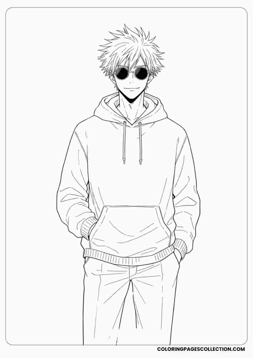 Gojo in a Casual Hoodie With Sunglassescoloring page, gojo coloring sheet, gojo coloring page,