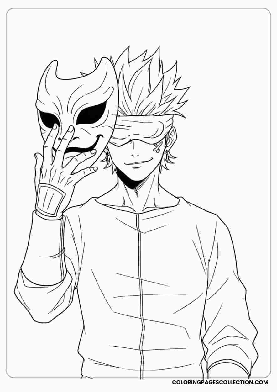 Gojo Holding His Maskcoloring page, gojo coloring sheet, gojo coloring page,