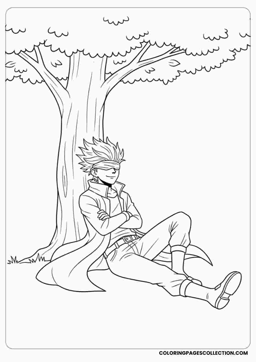 Gojo Sitting Under a Treecoloring page, gojo coloring sheet, gojo coloring page,