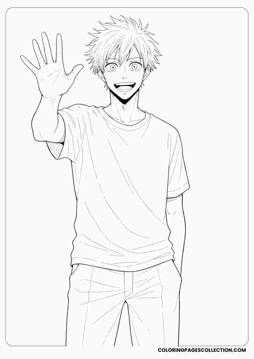 Gojo Waving Happilycoloring page, gojo coloring sheet, gojo coloring page,