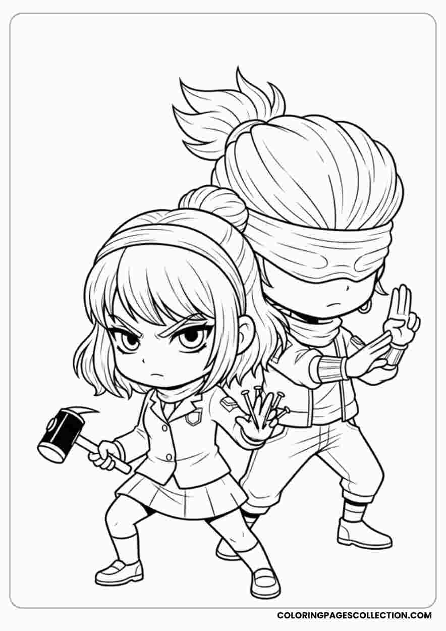 Gojo Standing Behind Nobara Kugisakicoloring page, gojo coloring sheet, gojo coloring page,