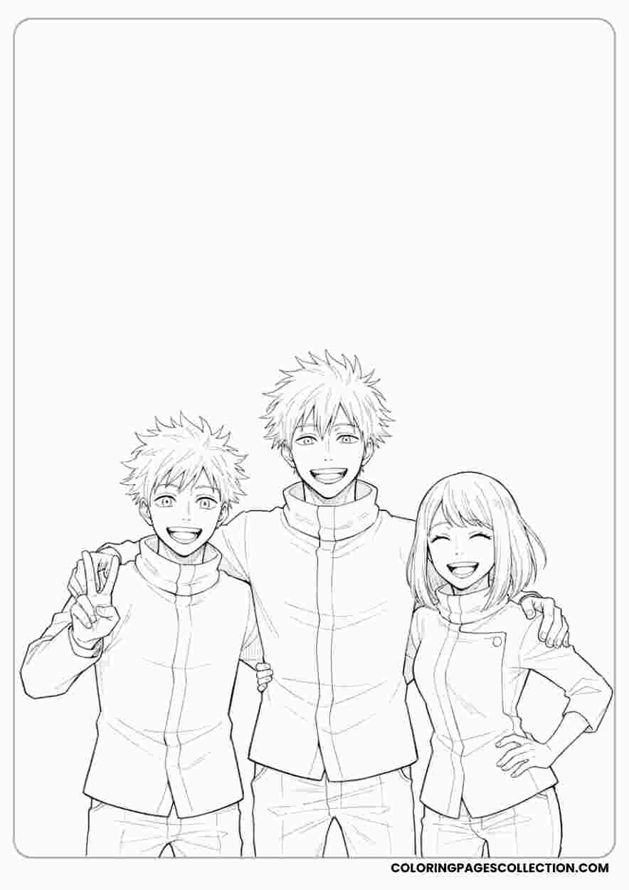 Gojo With the Main Jujutsu Kaisen Teamcoloring page, gojo coloring sheet, gojo coloring page,