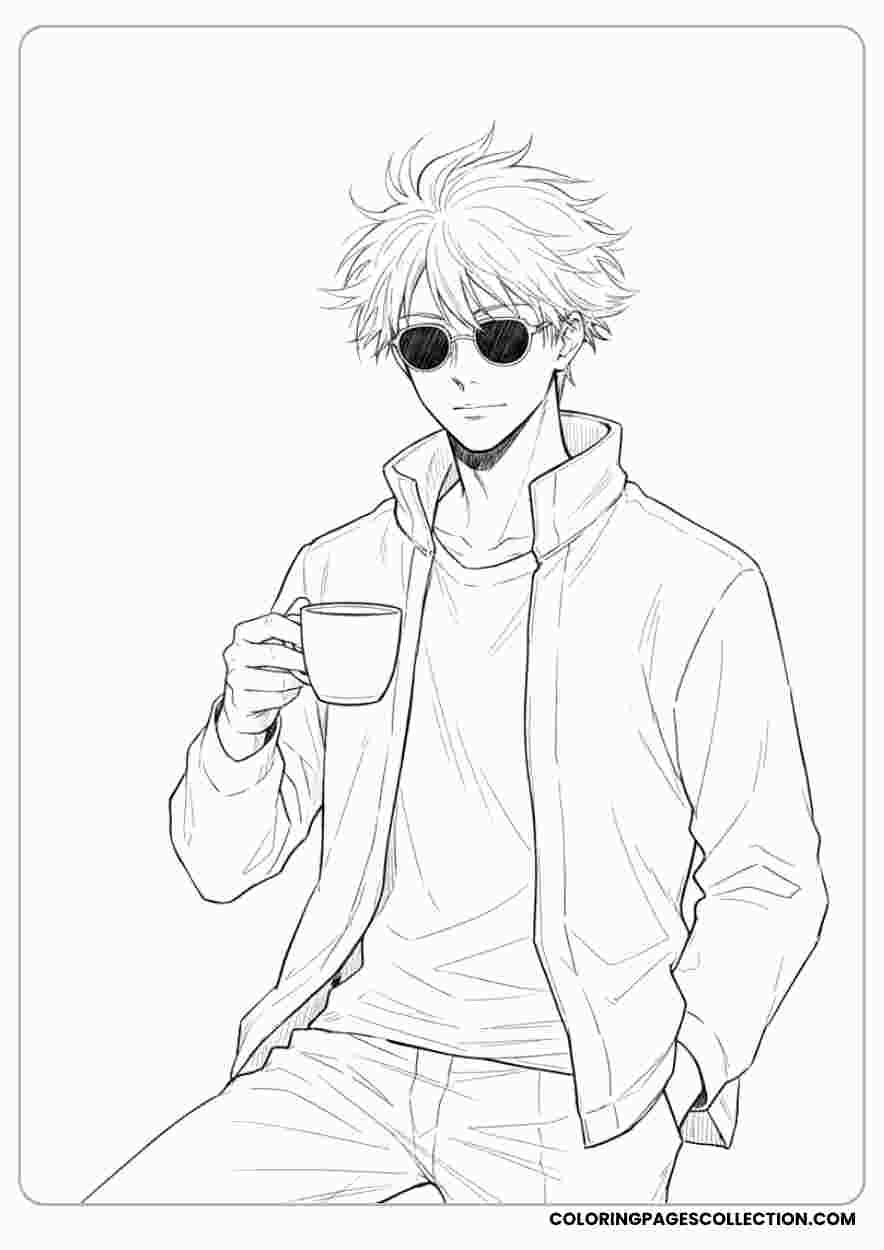 Gojo Holding a Coffee Cupcoloring page, gojo coloring sheet, gojo coloring page,