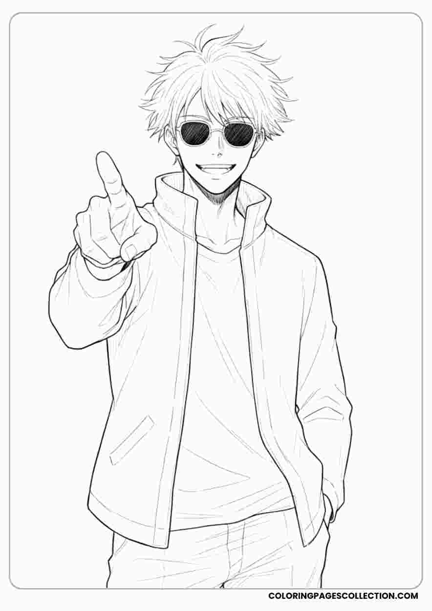 Gojo Pointing Forward With Playful Grincoloring page, gojo coloring sheet, gojo coloring page,