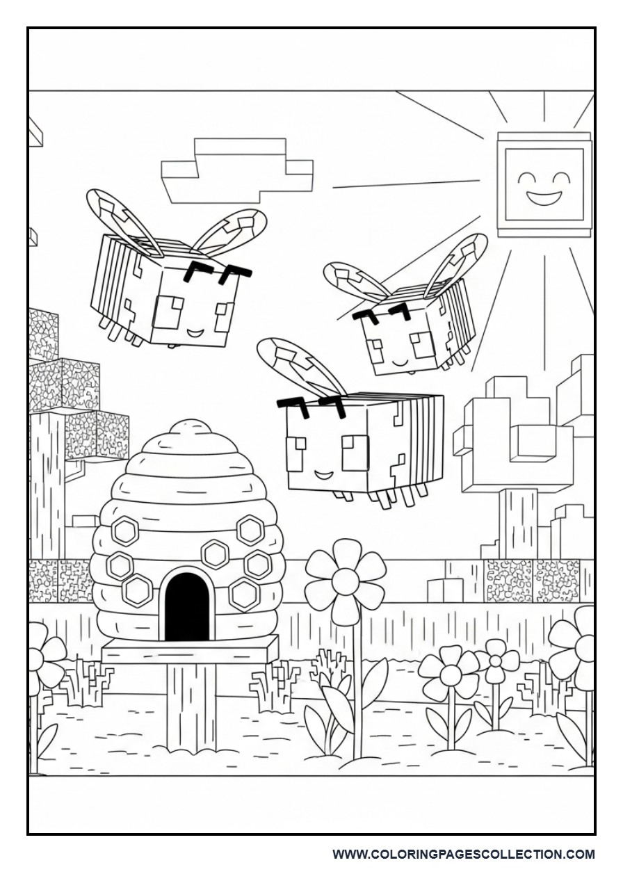 Minecraft Bee Garden Coloring Page