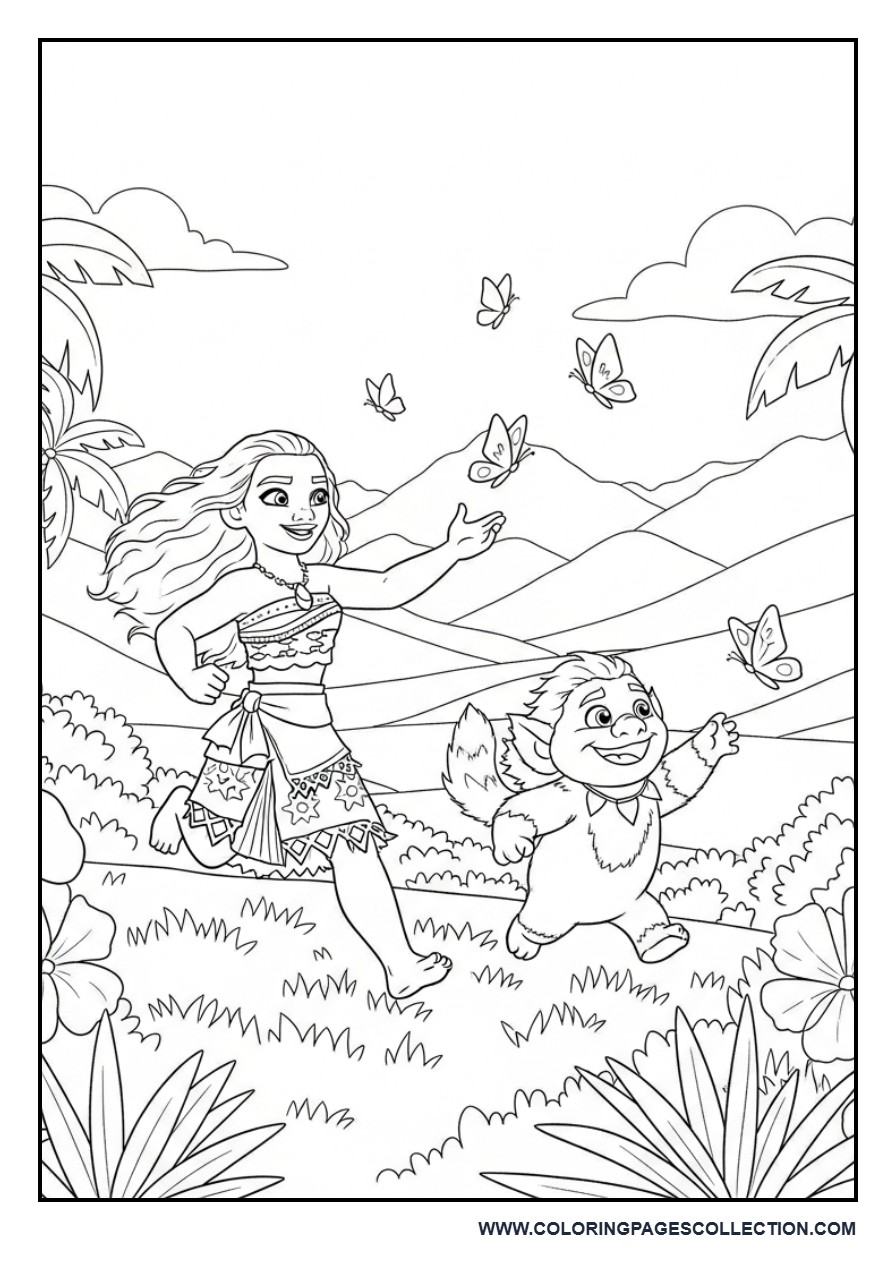 Moana and Heihei Chasing Butterflies