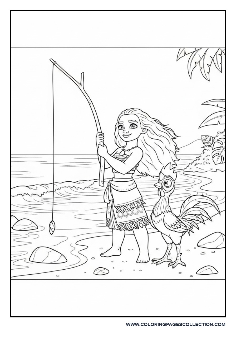 Moana and Heihei Fishing by the Shore