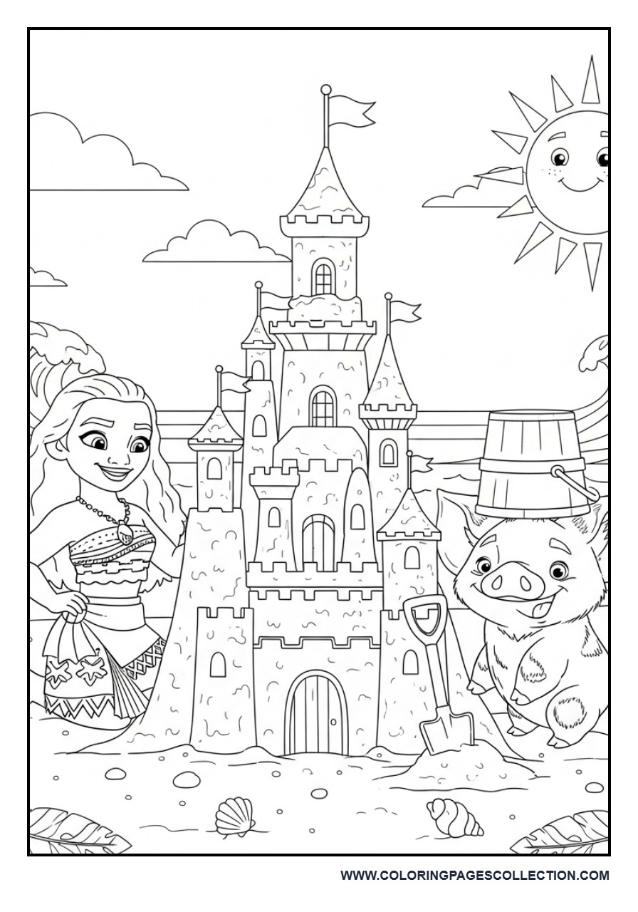 Moana and Pua Building a Sandcastle