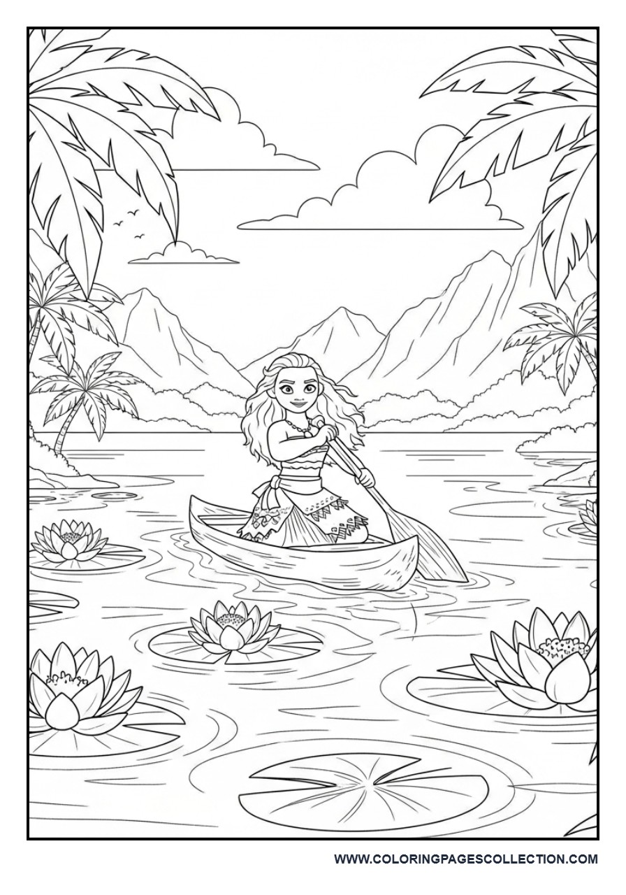 Moana Riding a Canoe Through a Lagoon