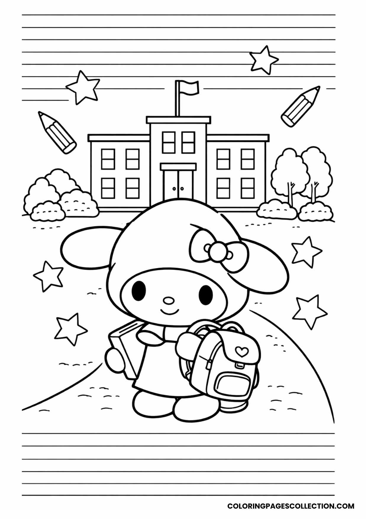my melody back to school scene coloring page