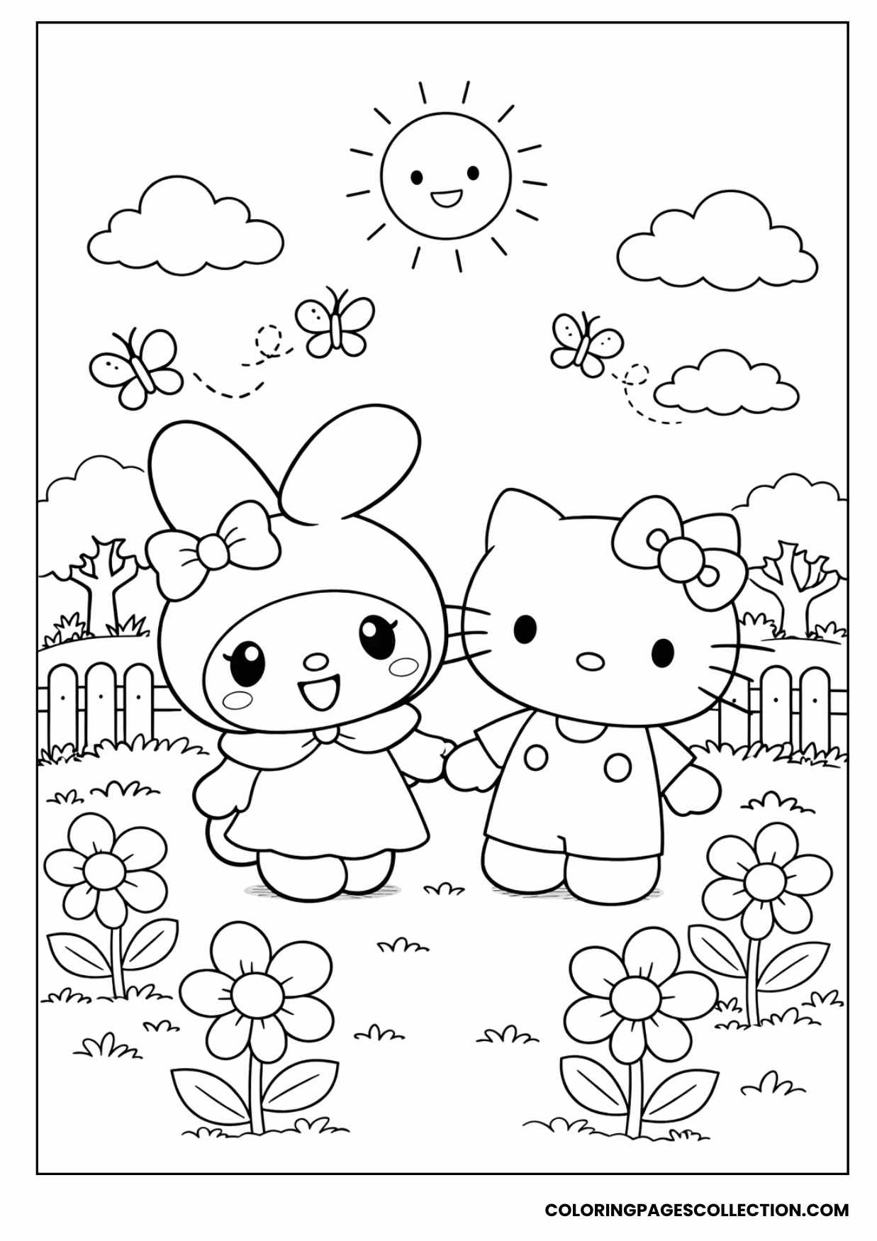 my melody and hello kitty garden scene coloring page
