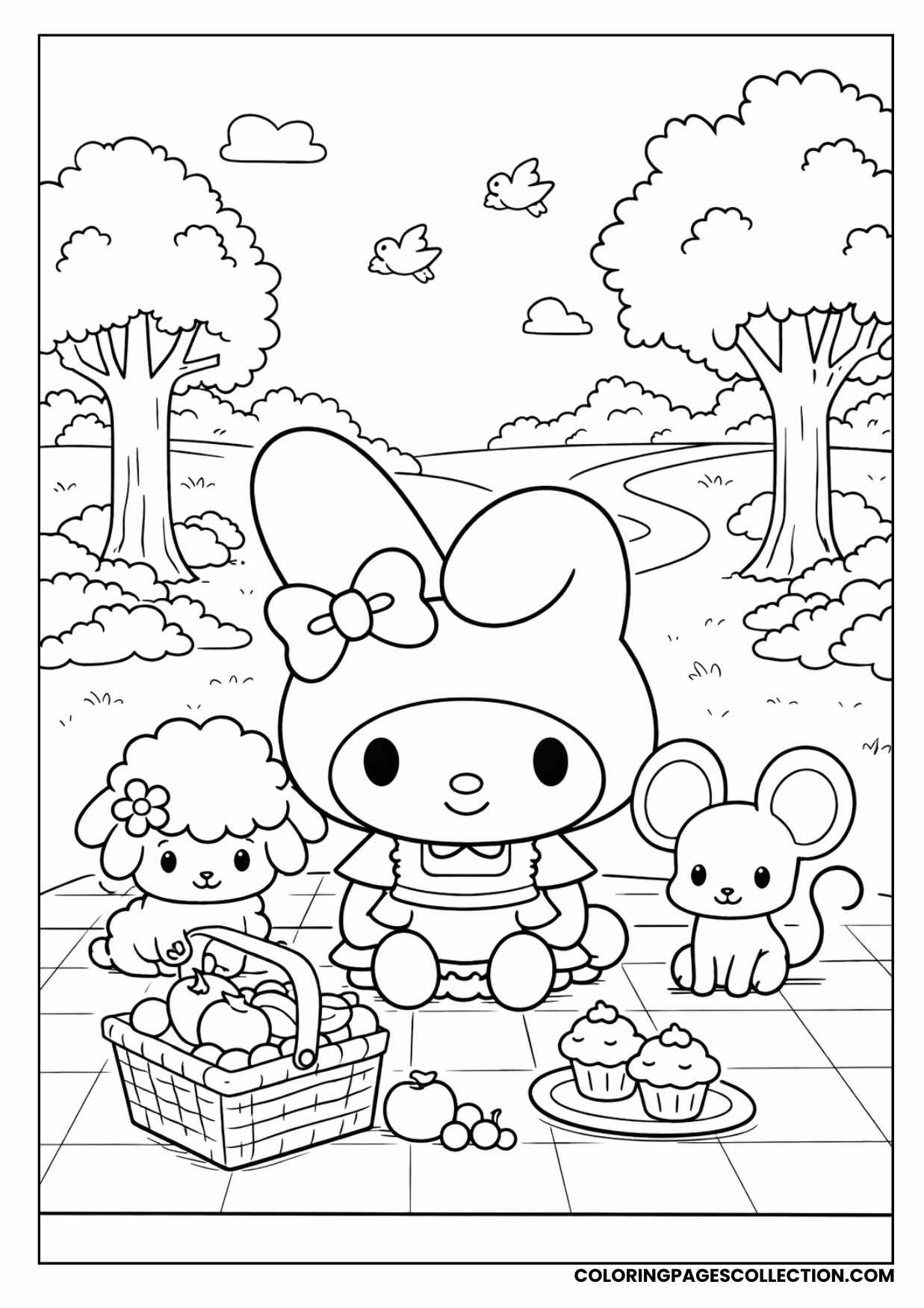 sanrio friends park picnic scene coloring page
