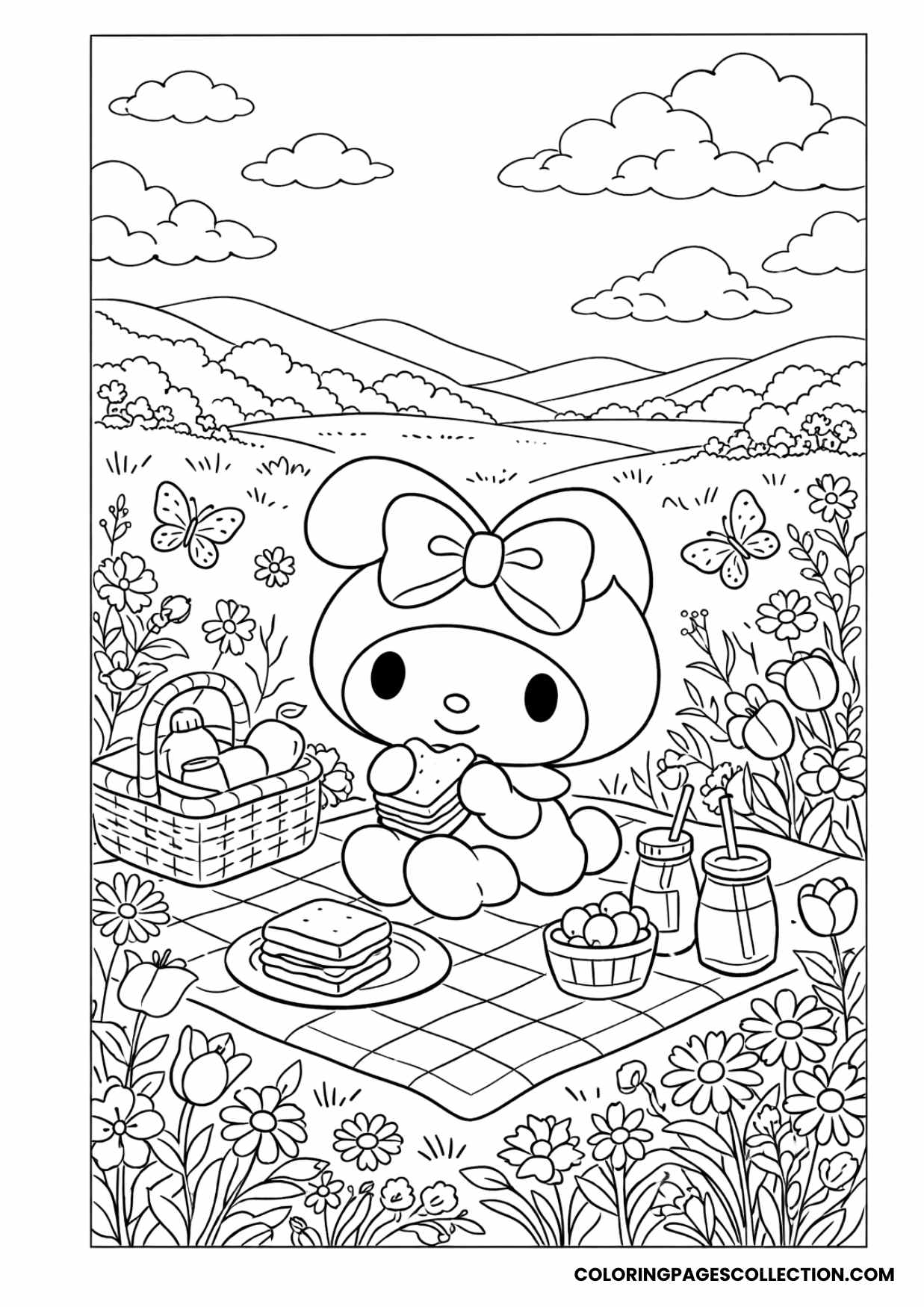 my melody picnic in detailed meadow coloring page