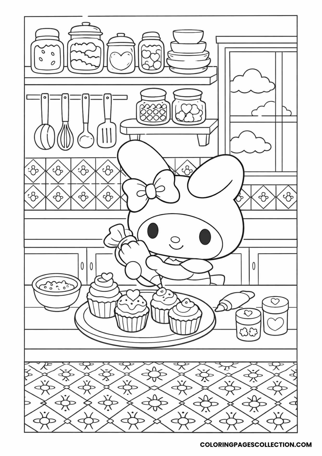 my melody baking kitchen scene coloring page