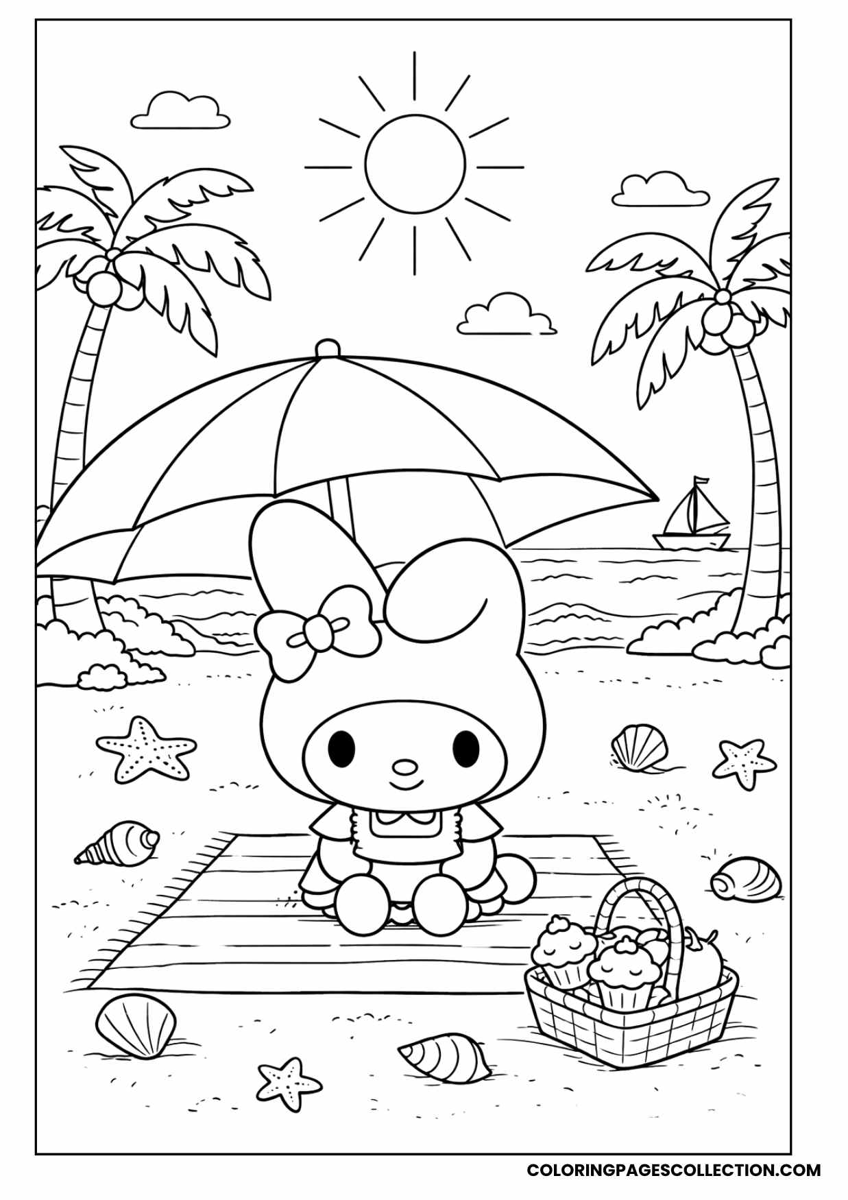 my melody beach summer scene coloring page