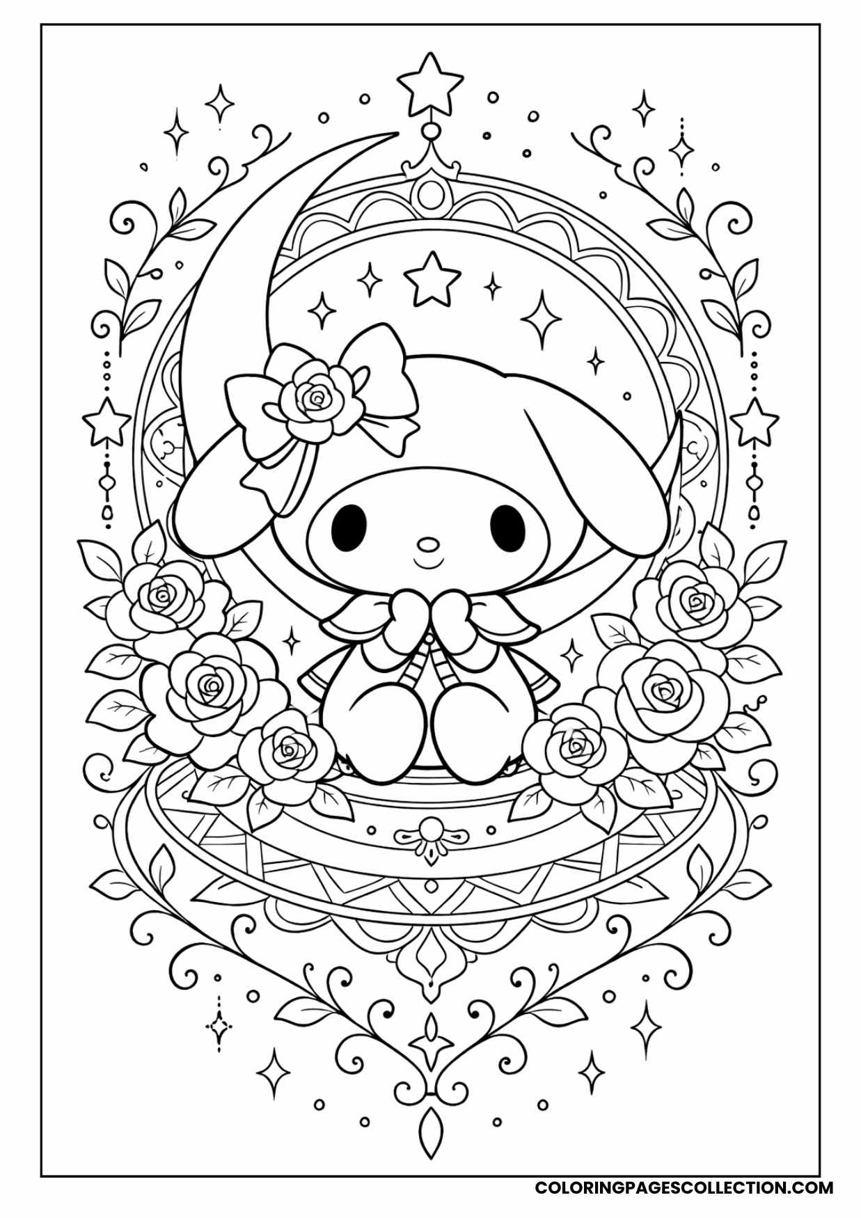 my melody minimal tattoo-style scene coloring page