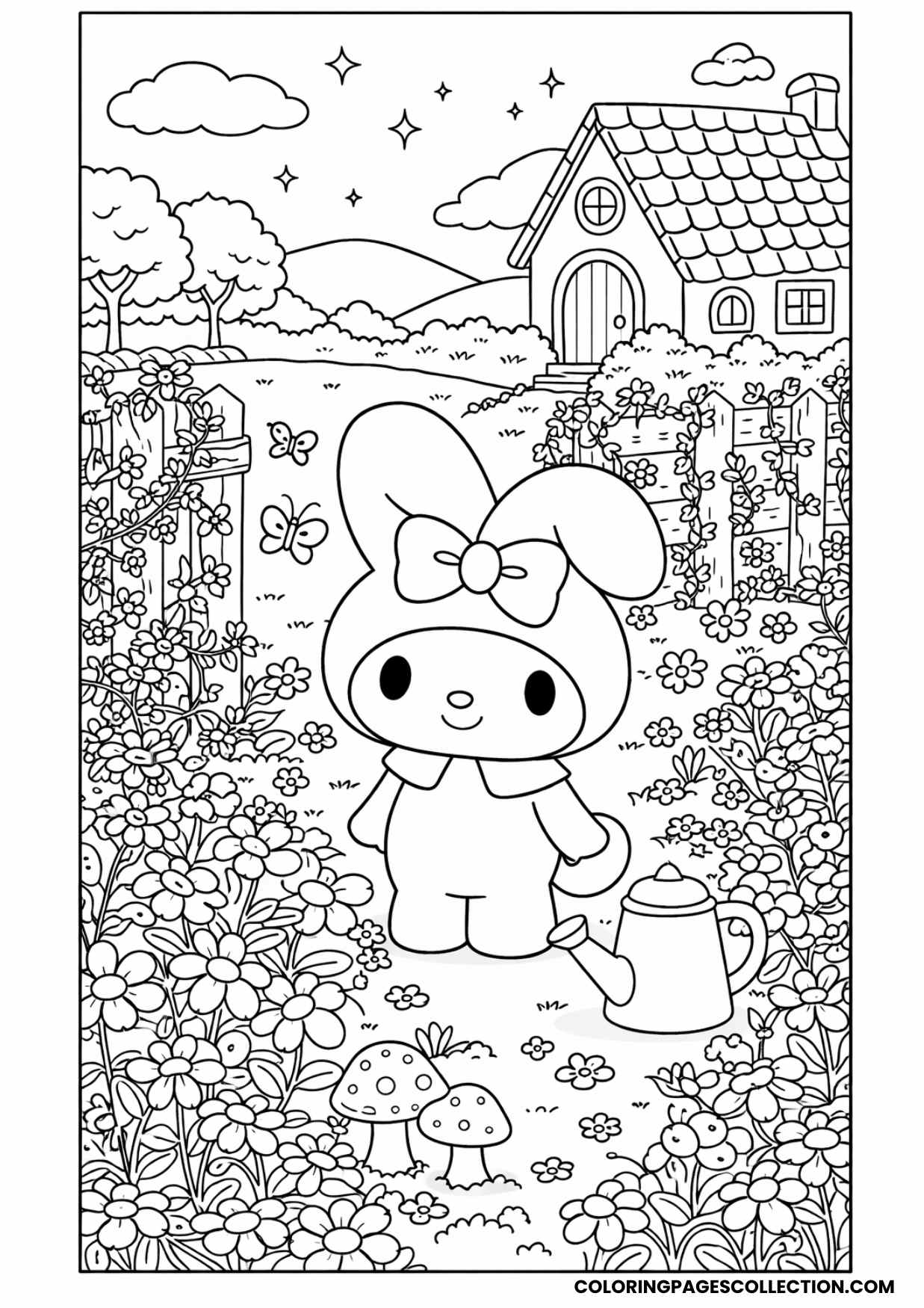 cottagecore garden scene coloring page